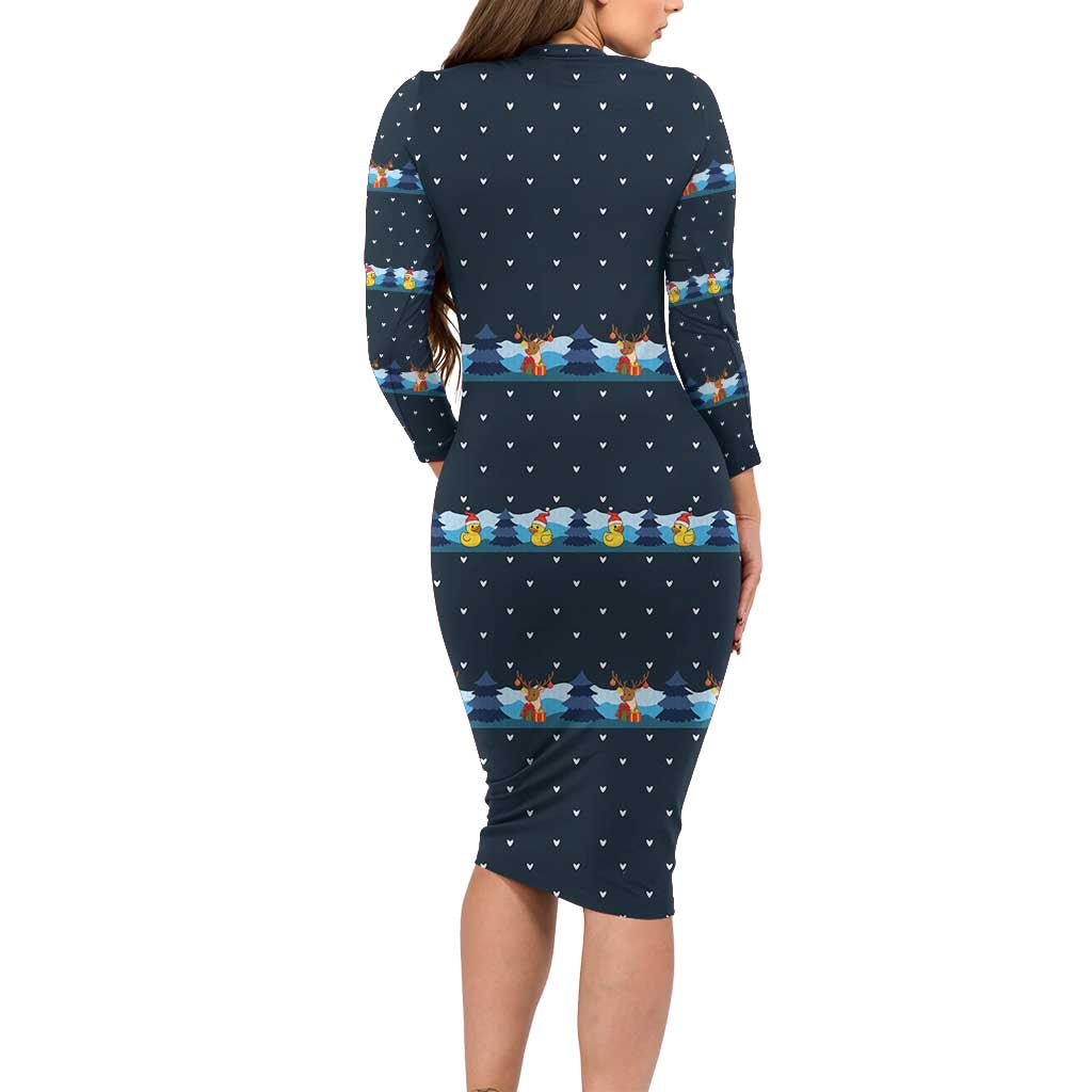 Funny Duck Characters Christmas Quacker Quote Long Sleeve Bodycon Dress with Navy Tree Pattern Design - Wonder Print Shop
