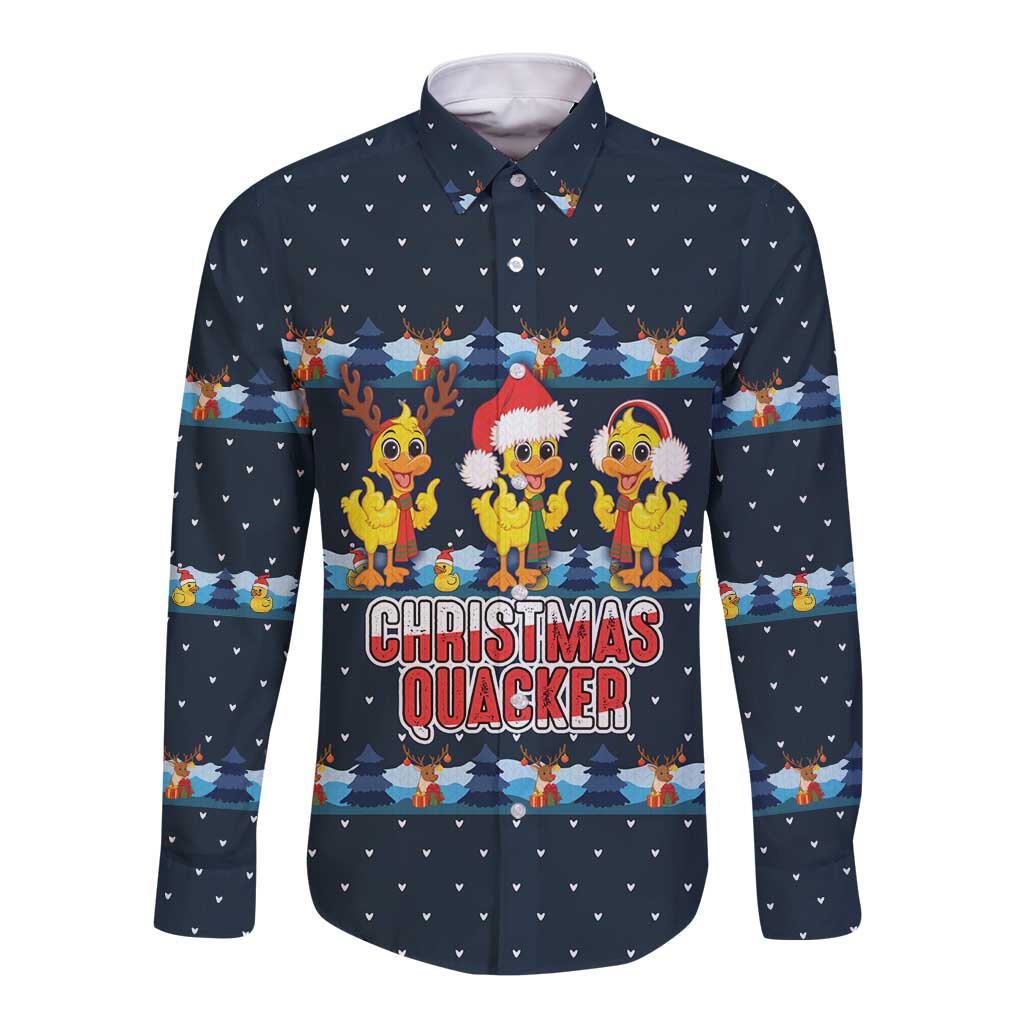 Funny Duck Characters Christmas Quacker Quote Long Sleeve Button Shirt with Navy Tree Pattern Design - Wonder Print Shop