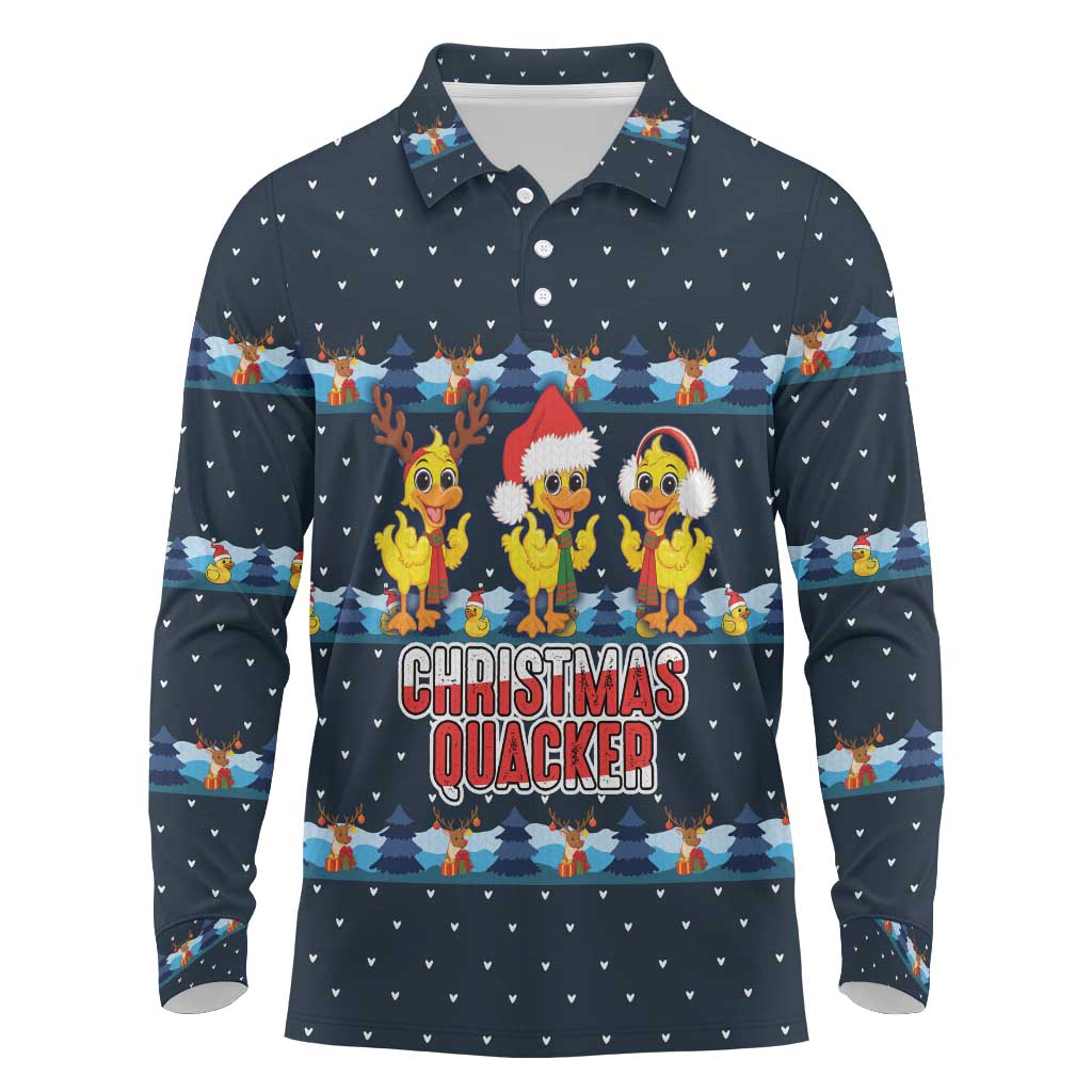 Funny Duck Characters Christmas Quacker Quote Long Sleeve Polo Shirt with Navy Tree Pattern Design - Wonder Print Shop
