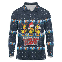 Funny Duck Characters Christmas Quacker Quote Long Sleeve Polo Shirt with Navy Tree Pattern Design - Wonder Print Shop