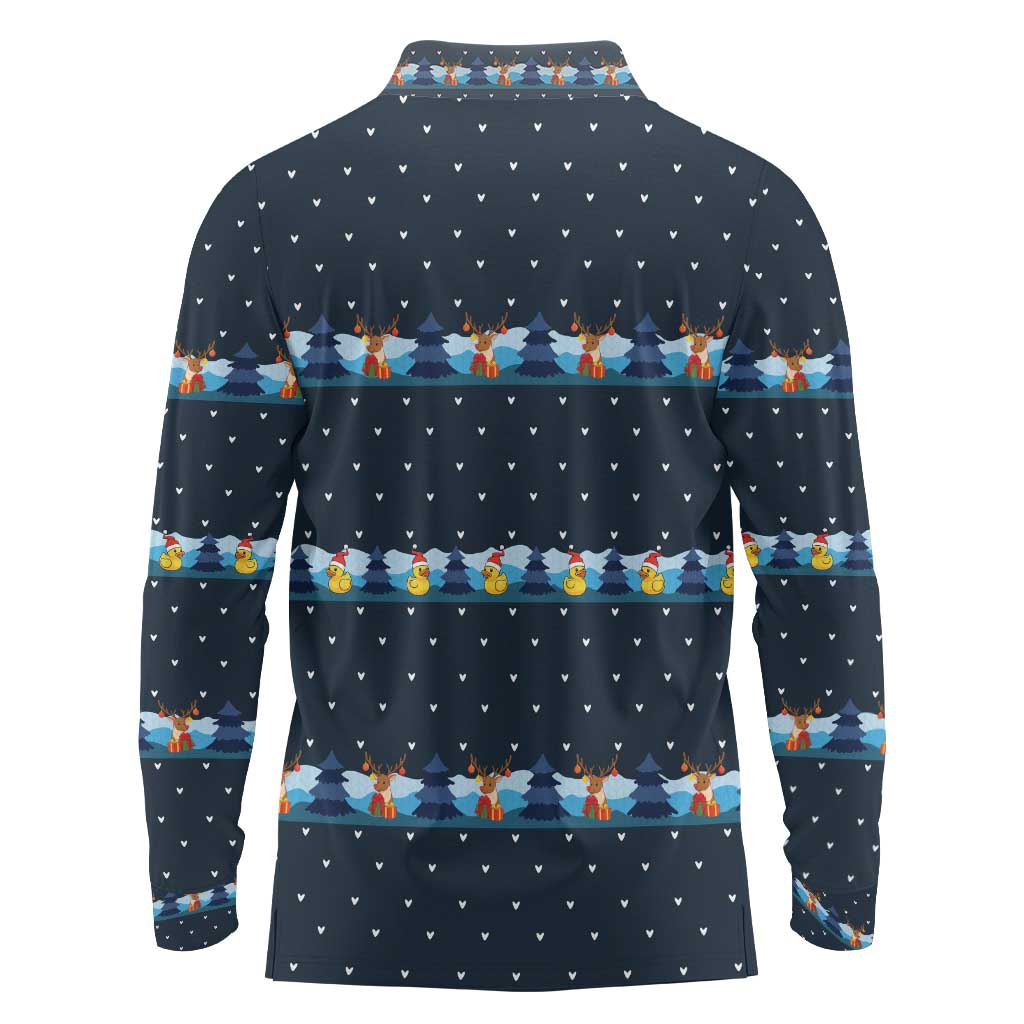 Funny Duck Characters Christmas Quacker Quote Long Sleeve Polo Shirt with Navy Tree Pattern Design - Wonder Print Shop