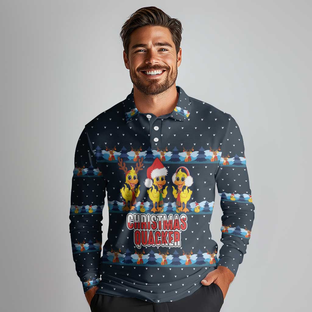 Funny Duck Characters Christmas Quacker Quote Long Sleeve Polo Shirt with Navy Tree Pattern Design - Wonder Print Shop