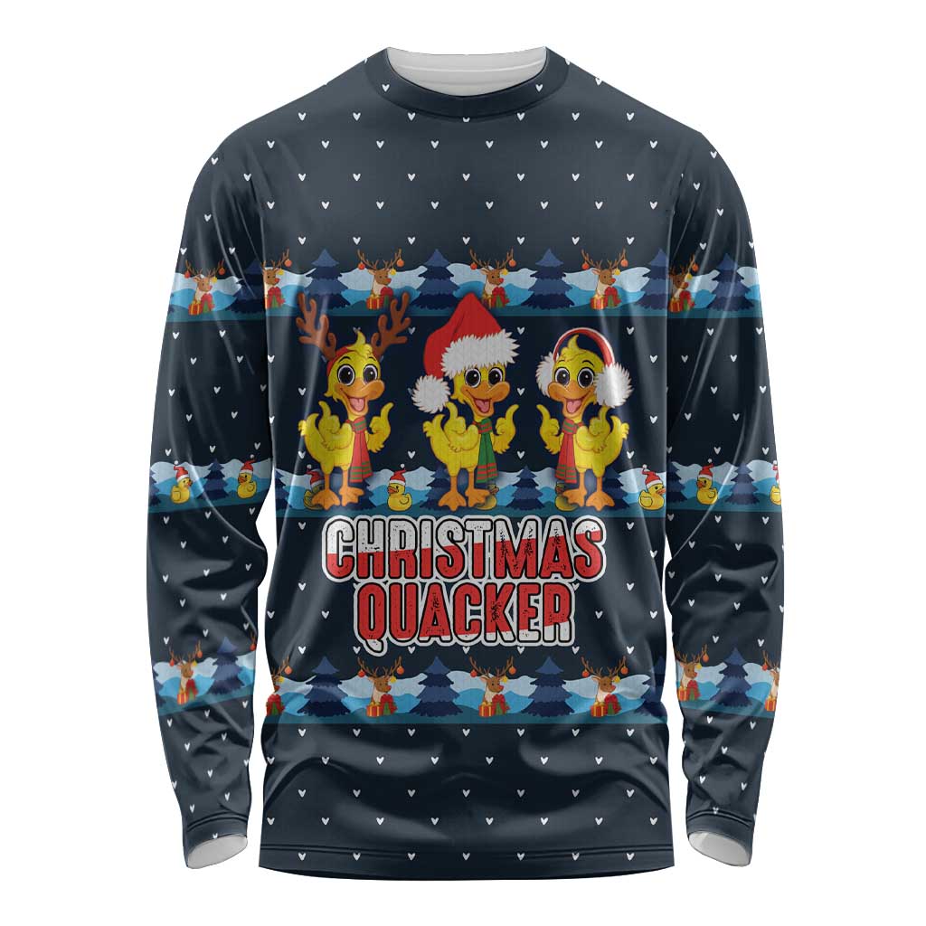 Funny Duck Characters Christmas Quacker Quote Long Sleeve Shirt with Navy Tree Pattern Design - Wonder Print Shop