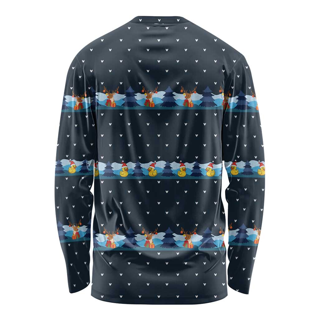 Funny Duck Characters Christmas Quacker Quote Long Sleeve Shirt with Navy Tree Pattern Design - Wonder Print Shop