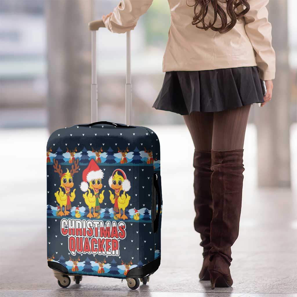 Funny Duck Characters Christmas Quacker Quote Luggage Cover with Navy Tree Pattern Design - Wonder Print Shop