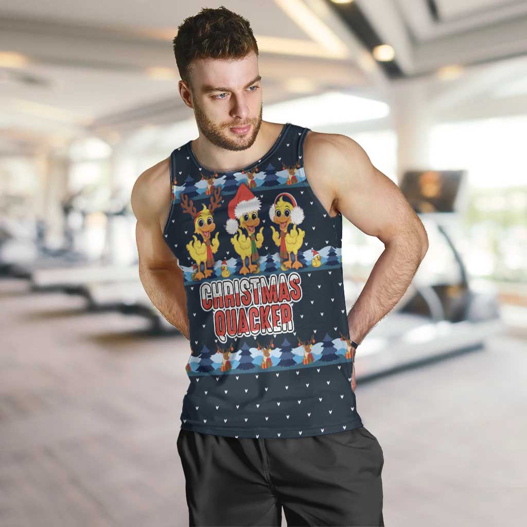 Funny Duck Characters Christmas Quacker Quote Men Tank Top with Navy Tree Pattern Design - Wonder Print Shop