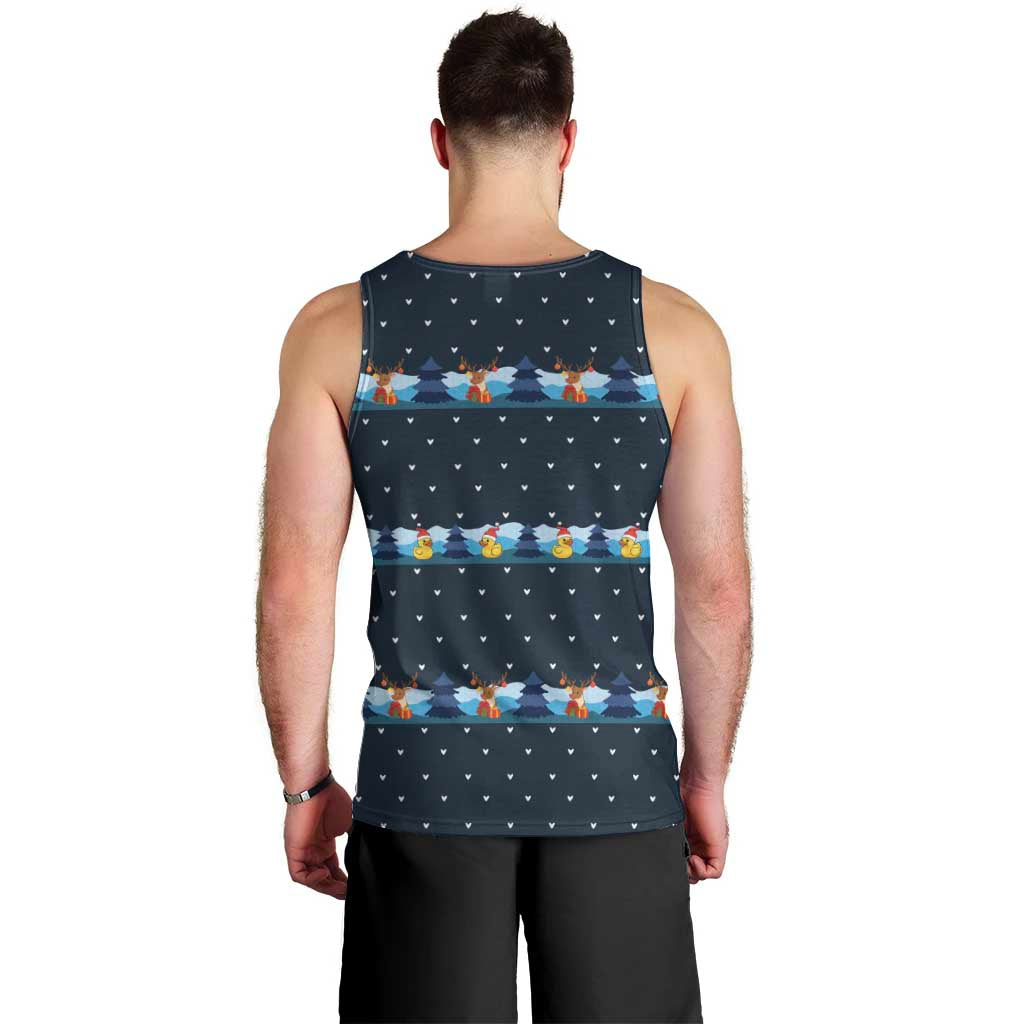 Funny Duck Characters Christmas Quacker Quote Men Tank Top with Navy Tree Pattern Design - Wonder Print Shop