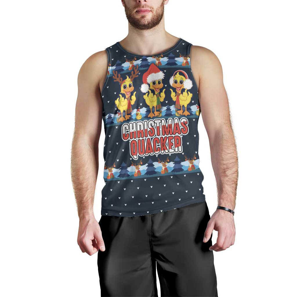 Funny Duck Characters Christmas Quacker Quote Men Tank Top with Navy Tree Pattern Design - Wonder Print Shop