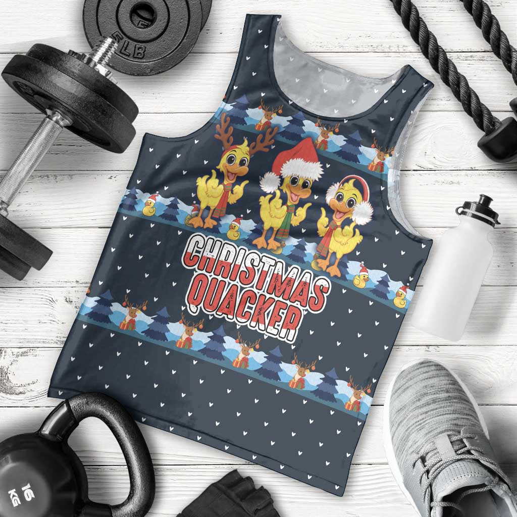 Funny Duck Characters Christmas Quacker Quote Men Tank Top with Navy Tree Pattern Design - Wonder Print Shop