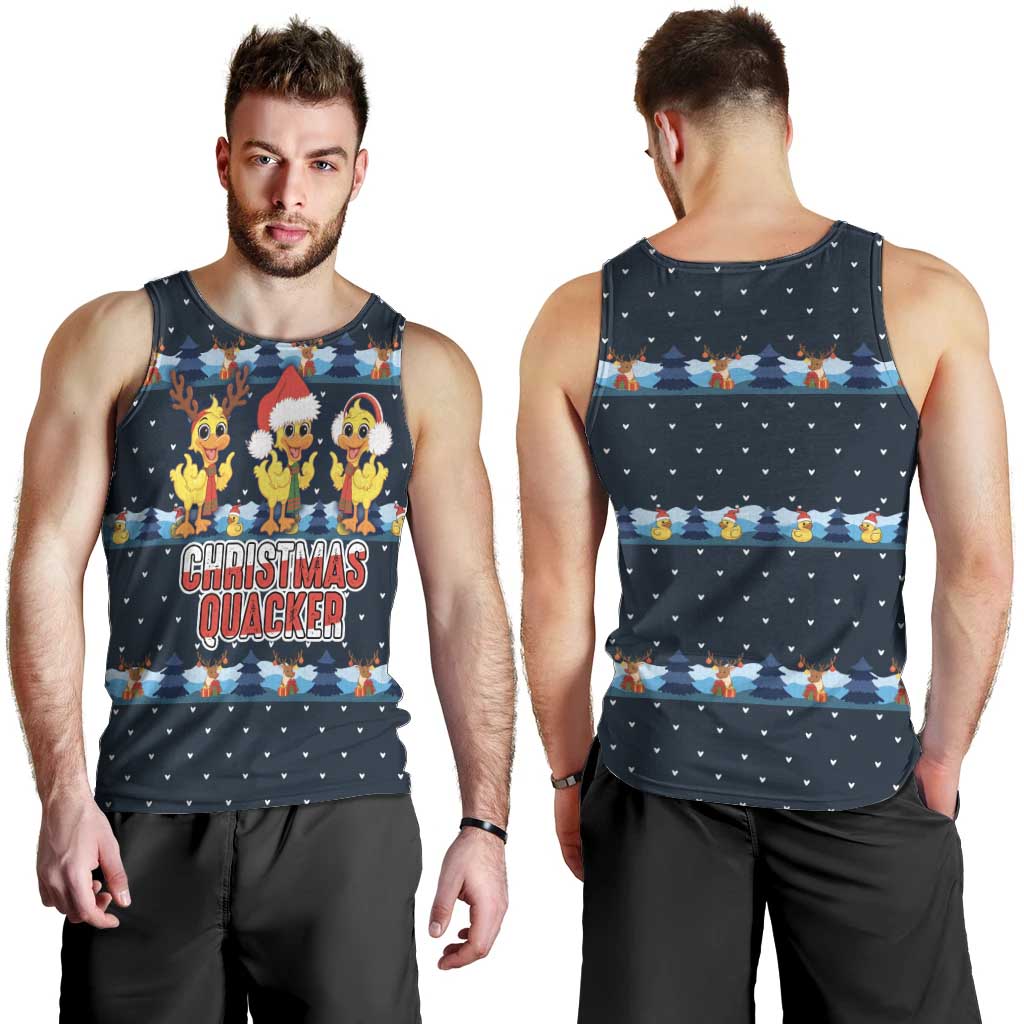 Funny Duck Characters Christmas Quacker Quote Men Tank Top with Navy Tree Pattern Design - Wonder Print Shop
