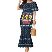 Funny Duck Characters Christmas Quacker Quote Mermaid Dress with Navy Tree Pattern Design - Wonder Print Shop