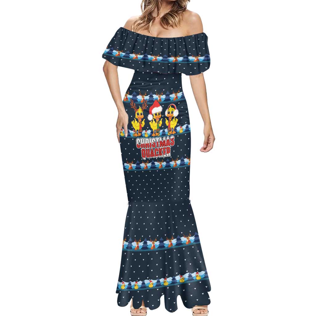 Funny Duck Characters Christmas Quacker Quote Mermaid Dress with Navy Tree Pattern Design - Wonder Print Shop