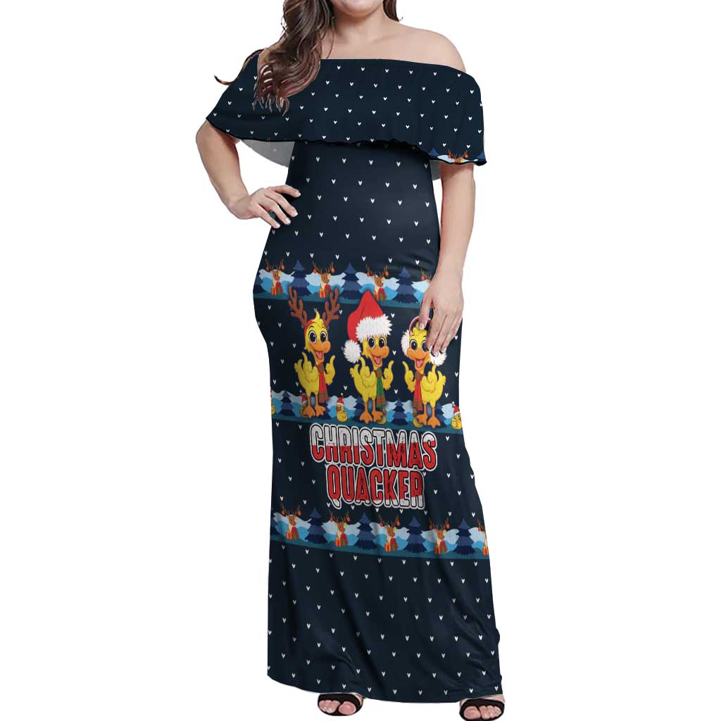 Funny Duck Characters Christmas Quacker Quote Off Shoulder Maxi Dress with Navy Tree Pattern Design - Wonder Print Shop