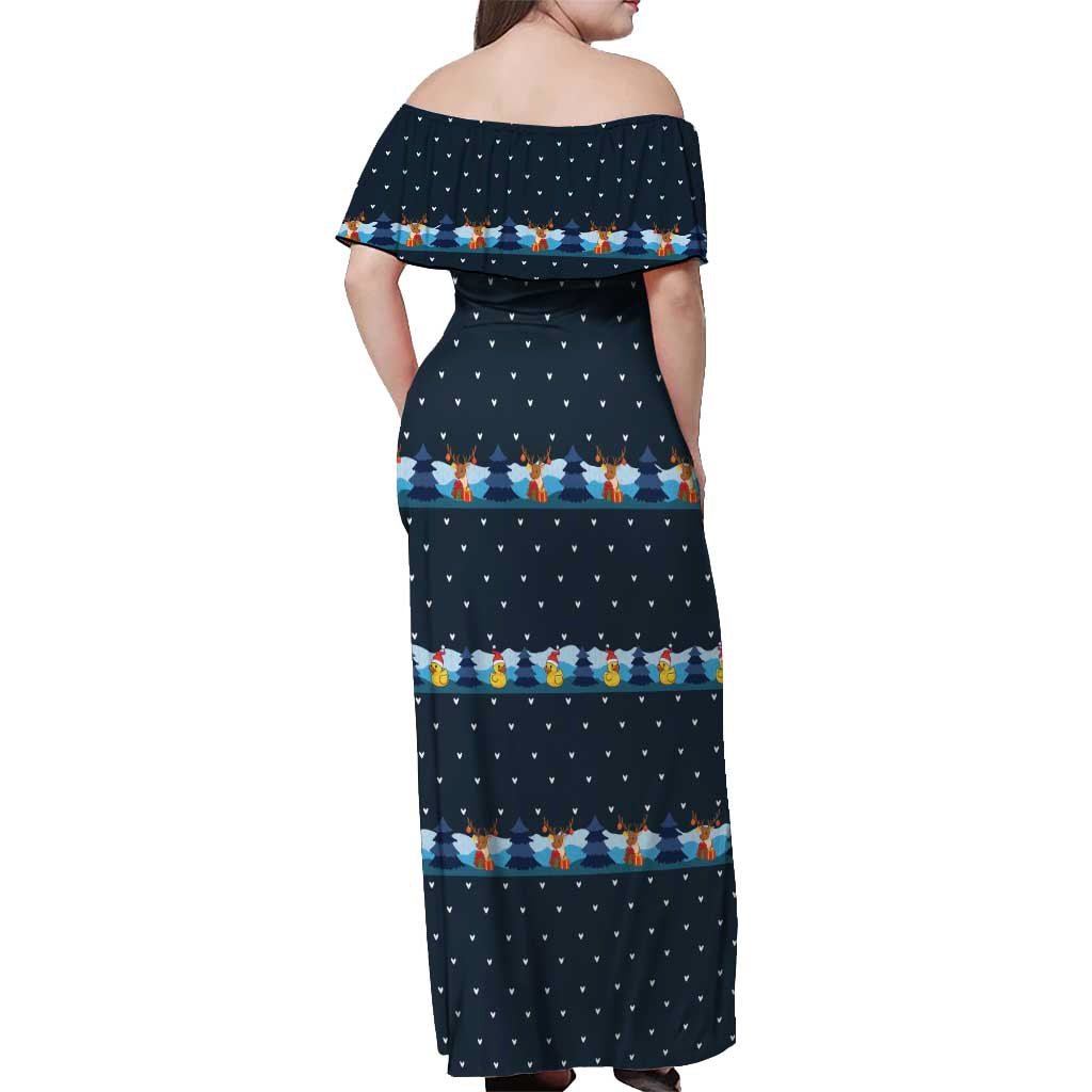 Funny Duck Characters Christmas Quacker Quote Off Shoulder Maxi Dress with Navy Tree Pattern Design - Wonder Print Shop