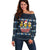 Funny Duck Characters Christmas Quacker Quote Off Shoulder Sweater with Navy Tree Pattern Design - Wonder Print Shop