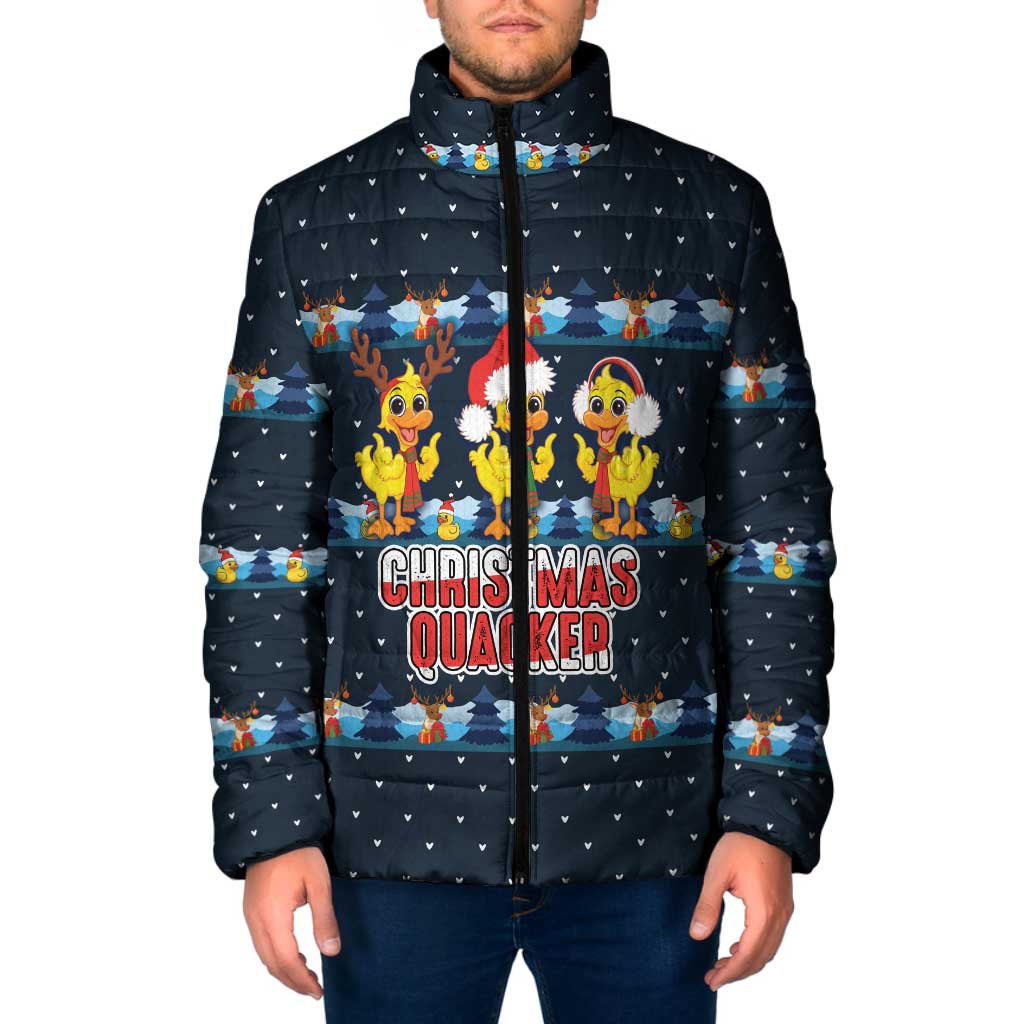 Funny Duck Characters Christmas Quacker Quote Padded Jacket with Navy Tree Pattern Design - Wonder Print Shop