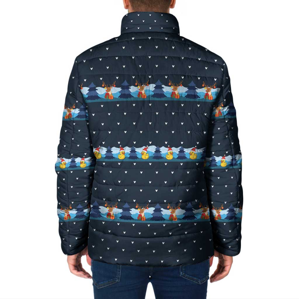 Funny Duck Characters Christmas Quacker Quote Padded Jacket with Navy Tree Pattern Design - Wonder Print Shop
