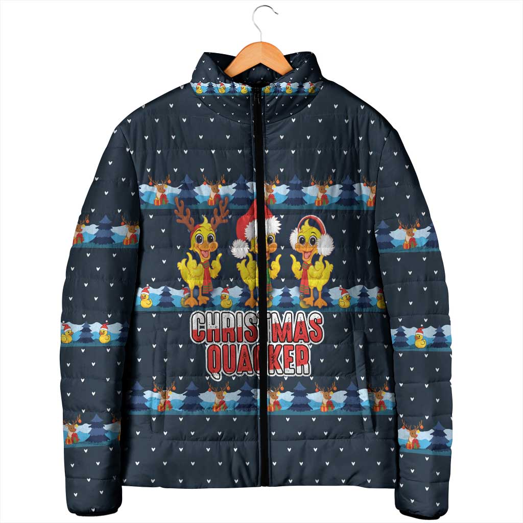 Funny Duck Characters Christmas Quacker Quote Padded Jacket with Navy Tree Pattern Design - Wonder Print Shop