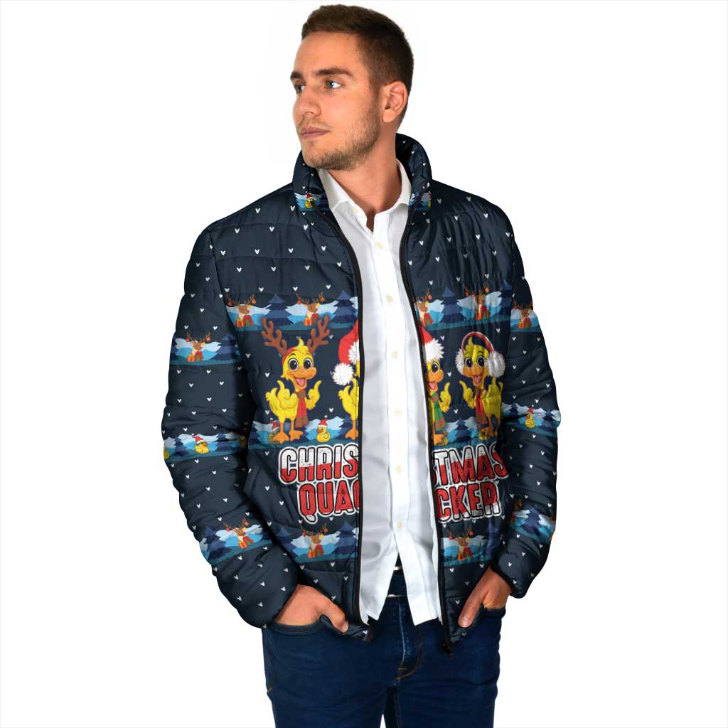 Funny Duck Characters Christmas Quacker Quote Padded Jacket with Navy Tree Pattern Design - Wonder Print Shop