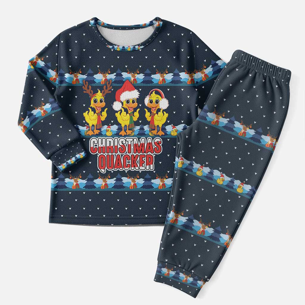 Funny Duck Characters Christmas Quacker Quote Christmas Pajama Set with Navy Tree Pattern Design - Wonder Print Shop