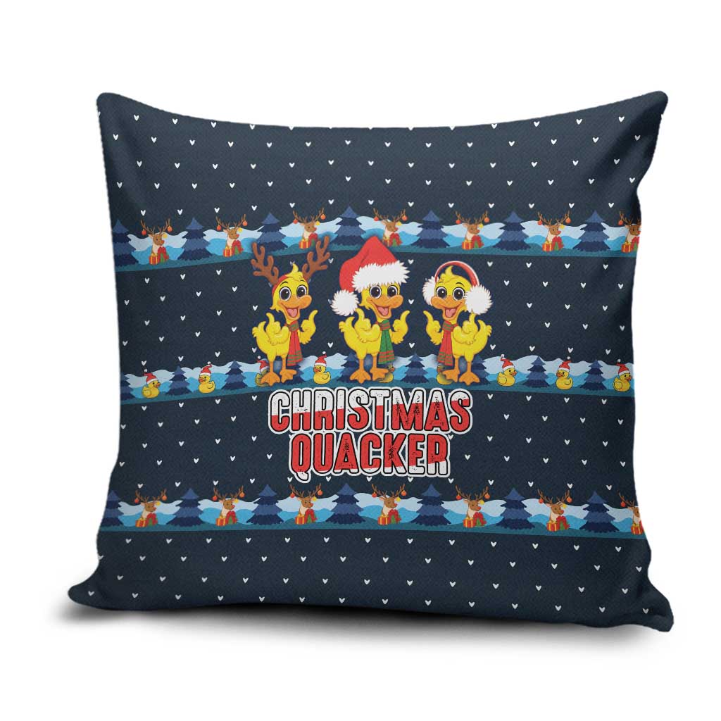 Funny Duck Characters Christmas Quacker Quote Pillow Cover with Navy Tree Pattern Design - Wonder Print Shop