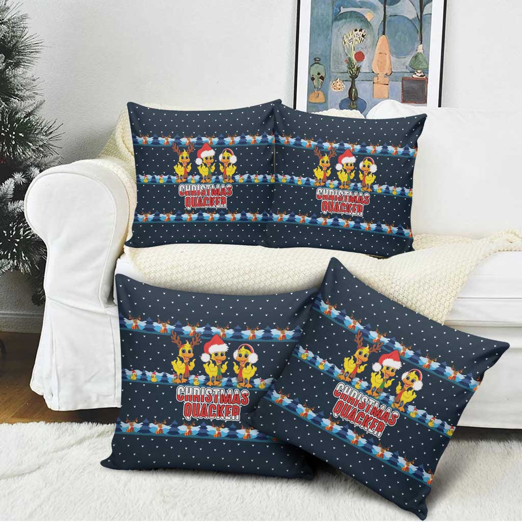 Funny Duck Characters Christmas Quacker Quote Pillow Cover with Navy Tree Pattern Design - Wonder Print Shop