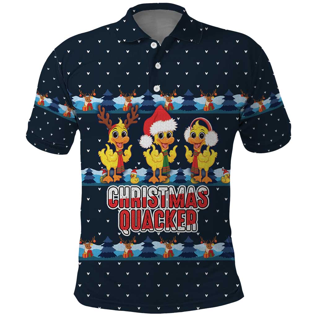 Funny Duck Characters Christmas Quacker Quote Polo Shirt with Navy Tree Pattern Design - Wonder Print Shop