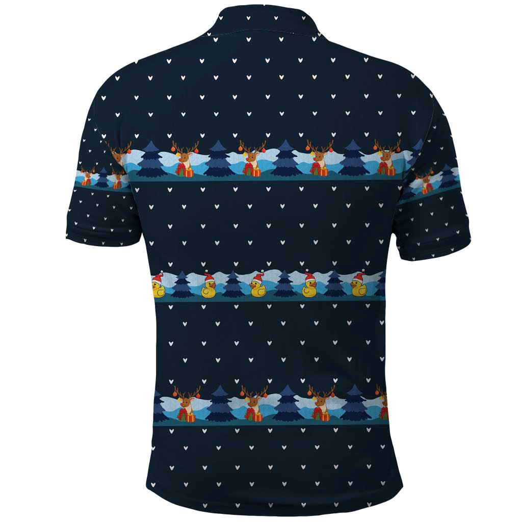 Funny Duck Characters Christmas Quacker Quote Polo Shirt with Navy Tree Pattern Design - Wonder Print Shop