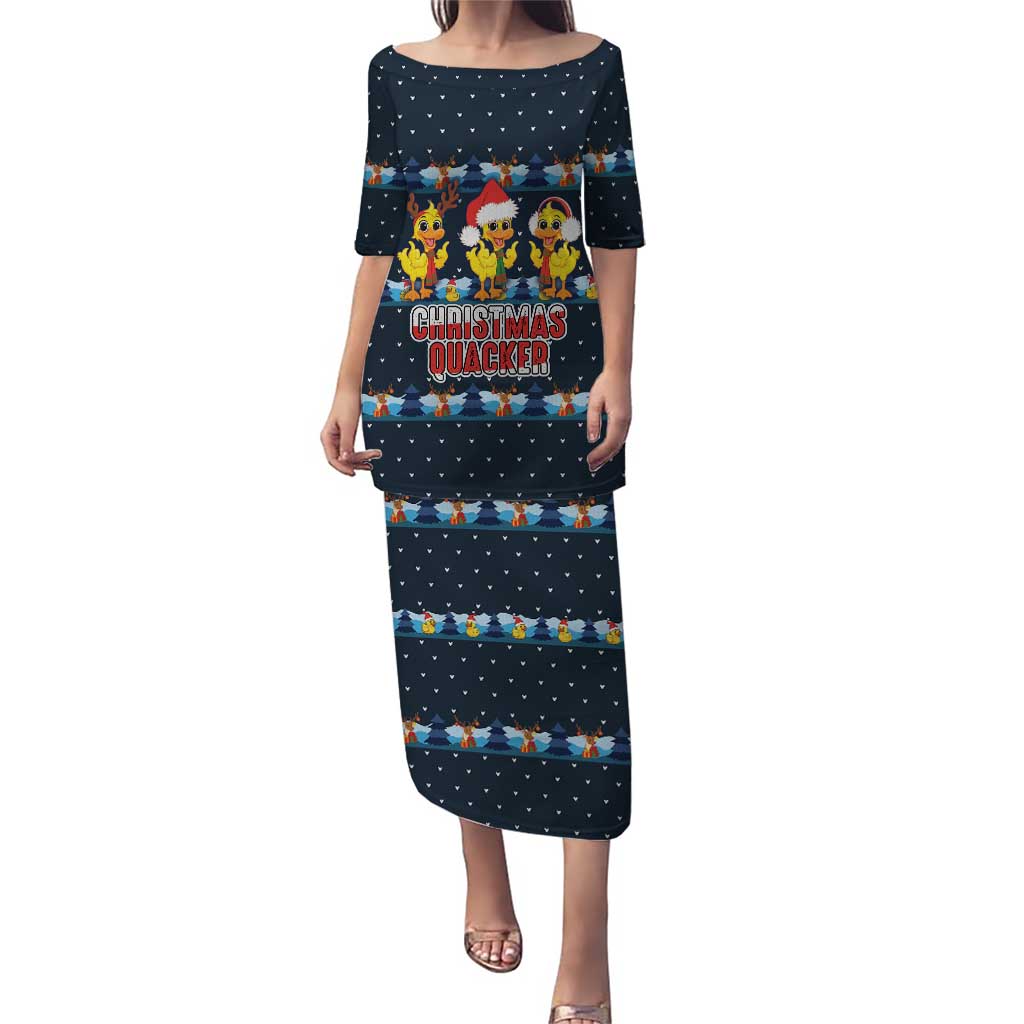 Funny Duck Characters Christmas Quacker Quote Puletasi with Navy Tree Pattern Design - Wonder Print Shop