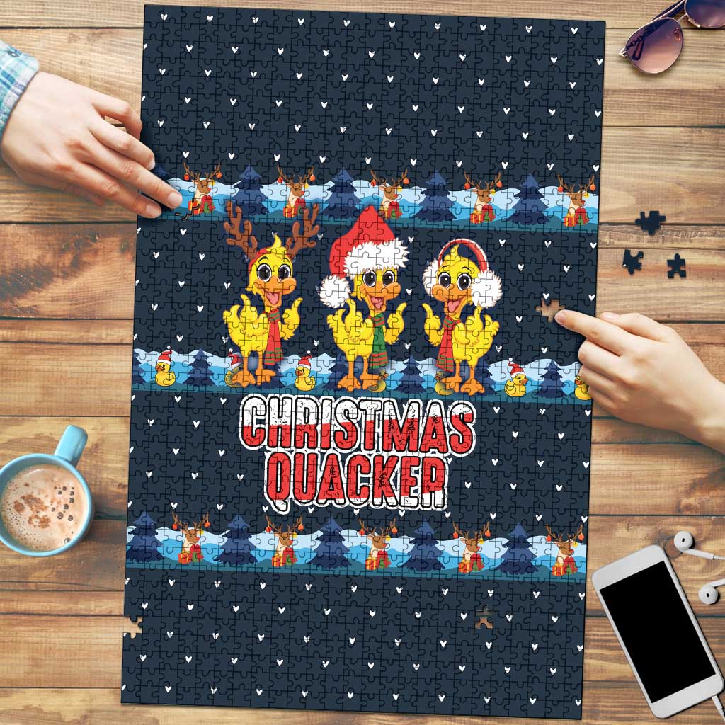 Funny Duck Characters Christmas Quacker Quote Puzzle with Navy Tree Pattern Design - Wonder Print Shop