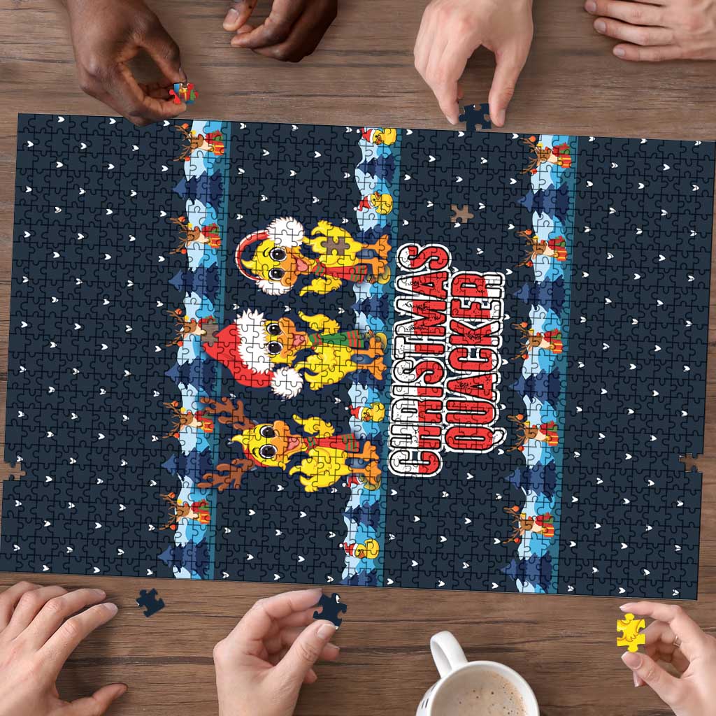 Funny Duck Characters Christmas Quacker Quote Puzzle with Navy Tree Pattern Design - Wonder Print Shop
