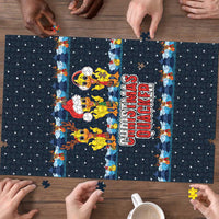 Funny Duck Characters Christmas Quacker Quote Puzzle with Navy Tree Pattern Design - Wonder Print Shop