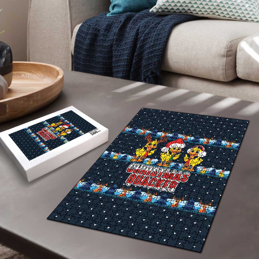 Funny Duck Characters Christmas Quacker Quote Puzzle with Navy Tree Pattern Design - Wonder Print Shop