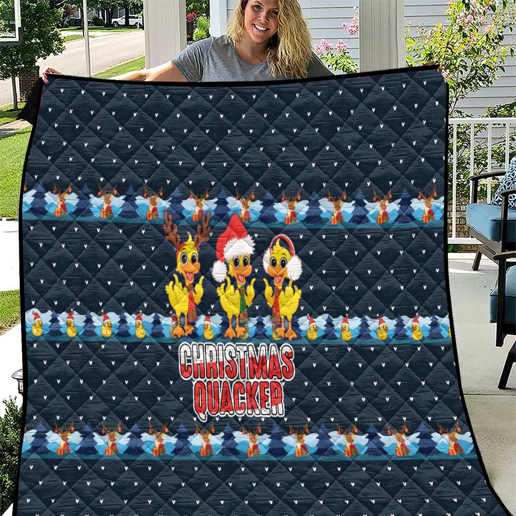 Funny Duck Characters Christmas Quacker Quote Quilt with Navy Tree Pattern Design - Wonder Print Shop