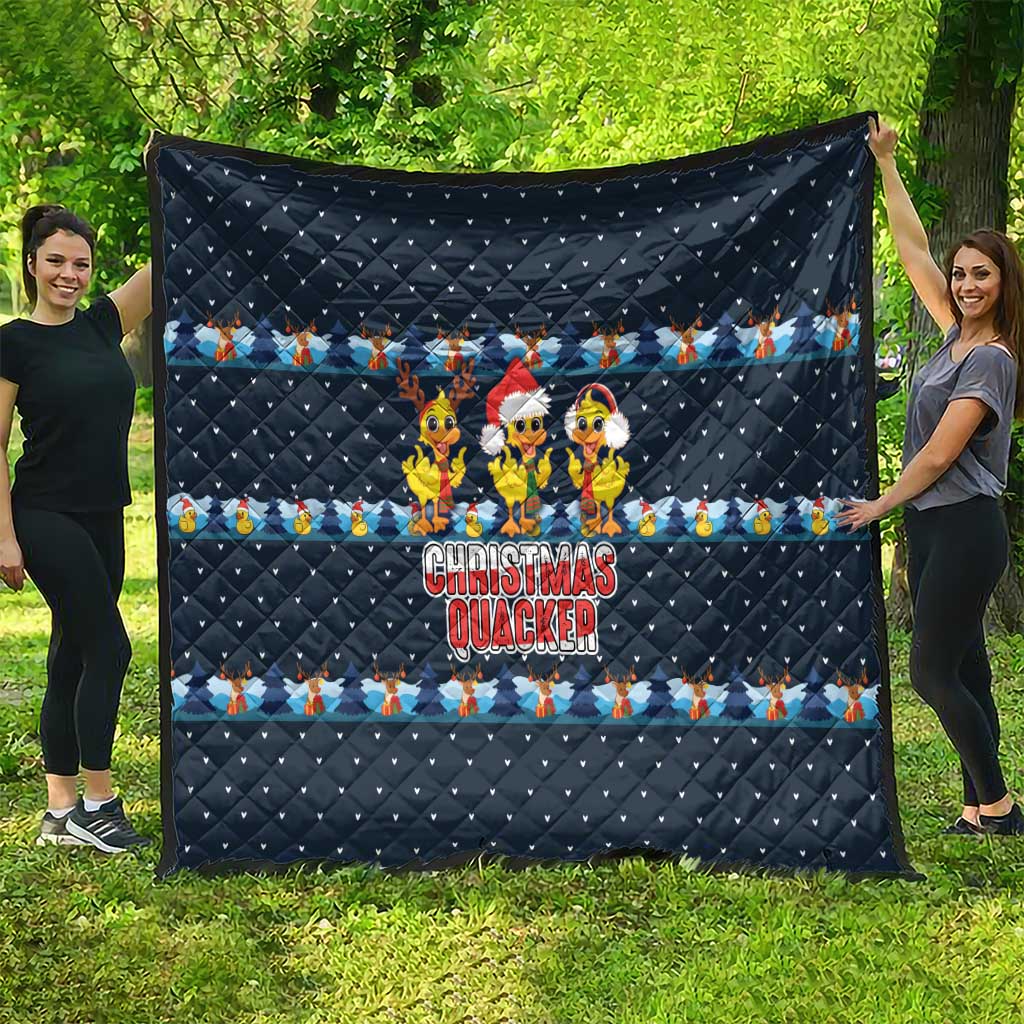 Funny Duck Characters Christmas Quacker Quote Quilt with Navy Tree Pattern Design - Wonder Print Shop