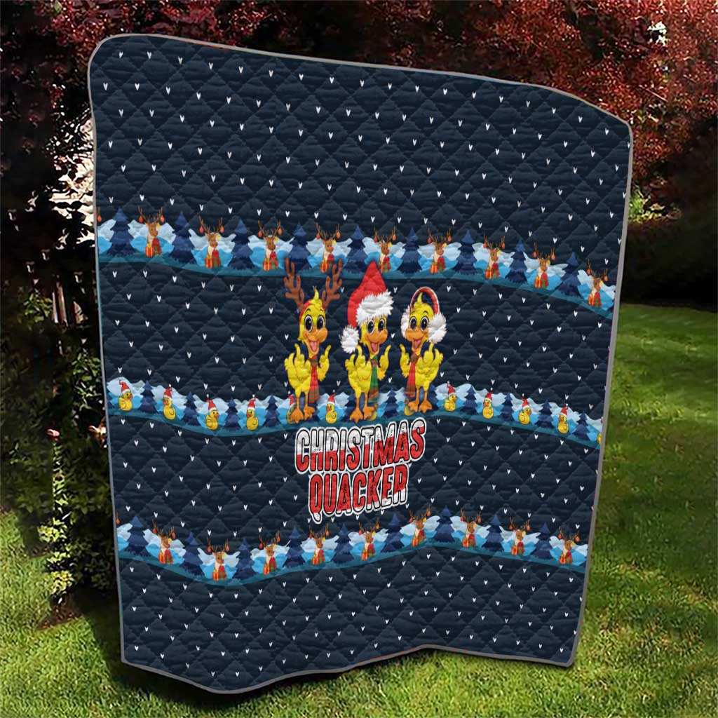 Funny Duck Characters Christmas Quacker Quote Quilt with Navy Tree Pattern Design - Wonder Print Shop