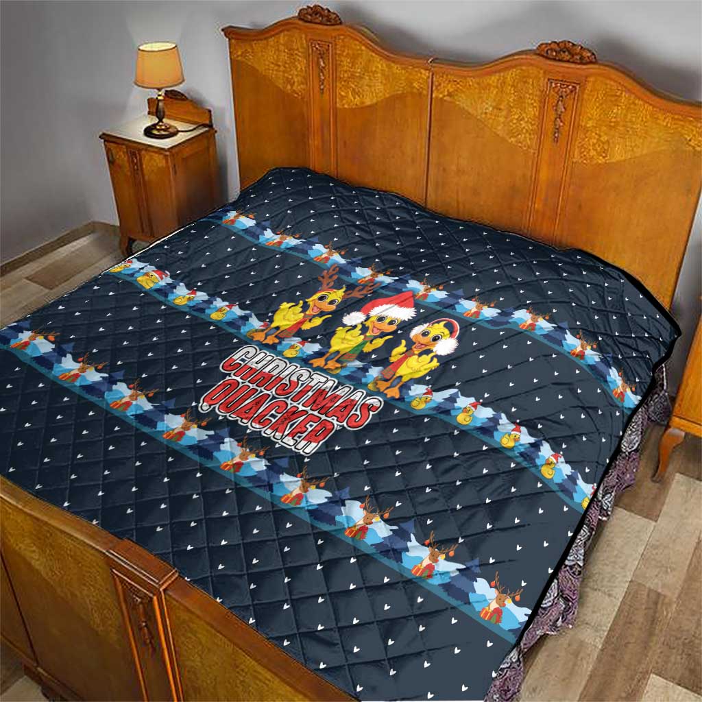 Funny Duck Characters Christmas Quacker Quote Quilt with Navy Tree Pattern Design - Wonder Print Shop
