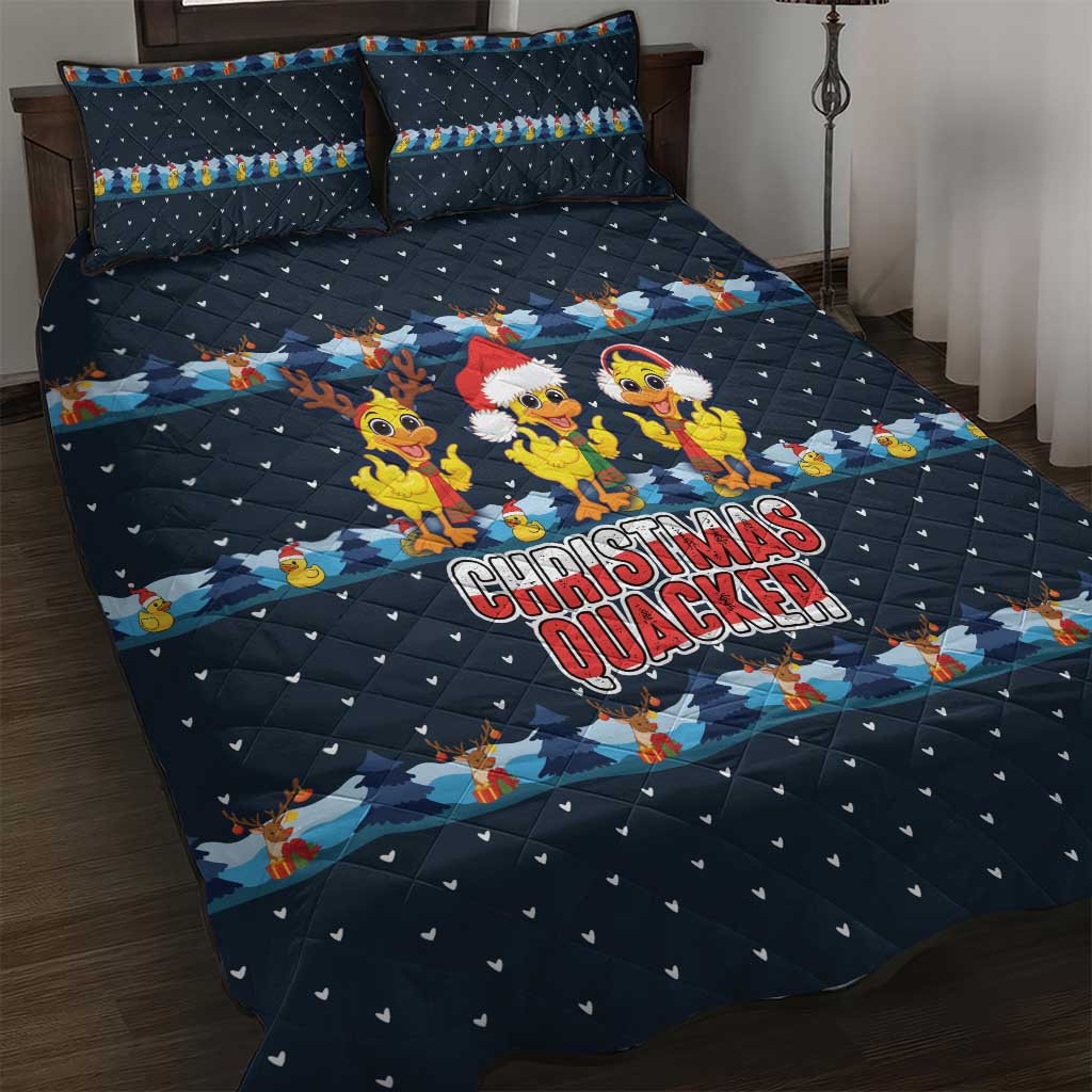 Funny Duck Characters Christmas Quacker Quote Quilt Bed Set with Navy Tree Pattern Design - Wonder Print Shop