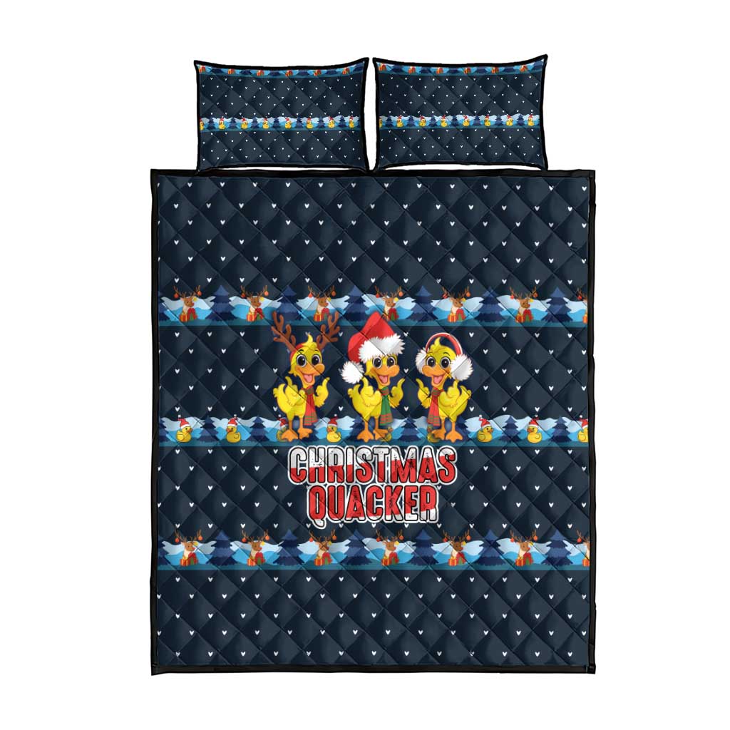 Funny Duck Characters Christmas Quacker Quote Quilt Bed Set with Navy Tree Pattern Design - Wonder Print Shop