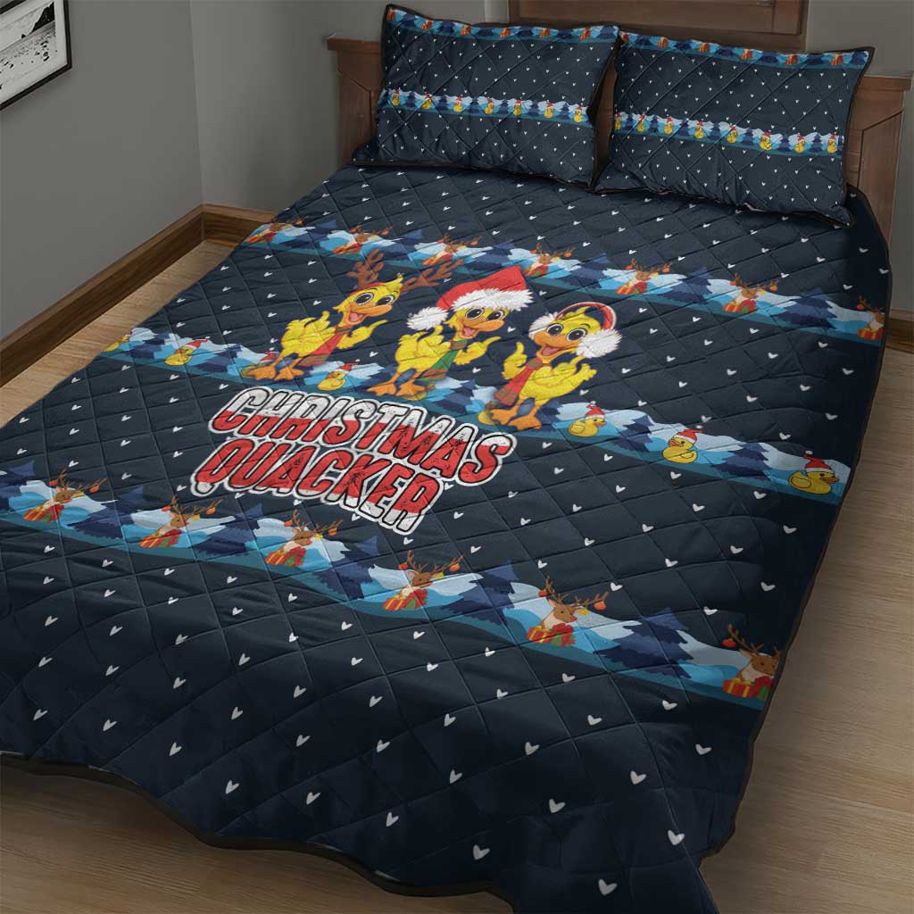 Funny Duck Characters Christmas Quacker Quote Quilt Bed Set with Navy Tree Pattern Design - Wonder Print Shop