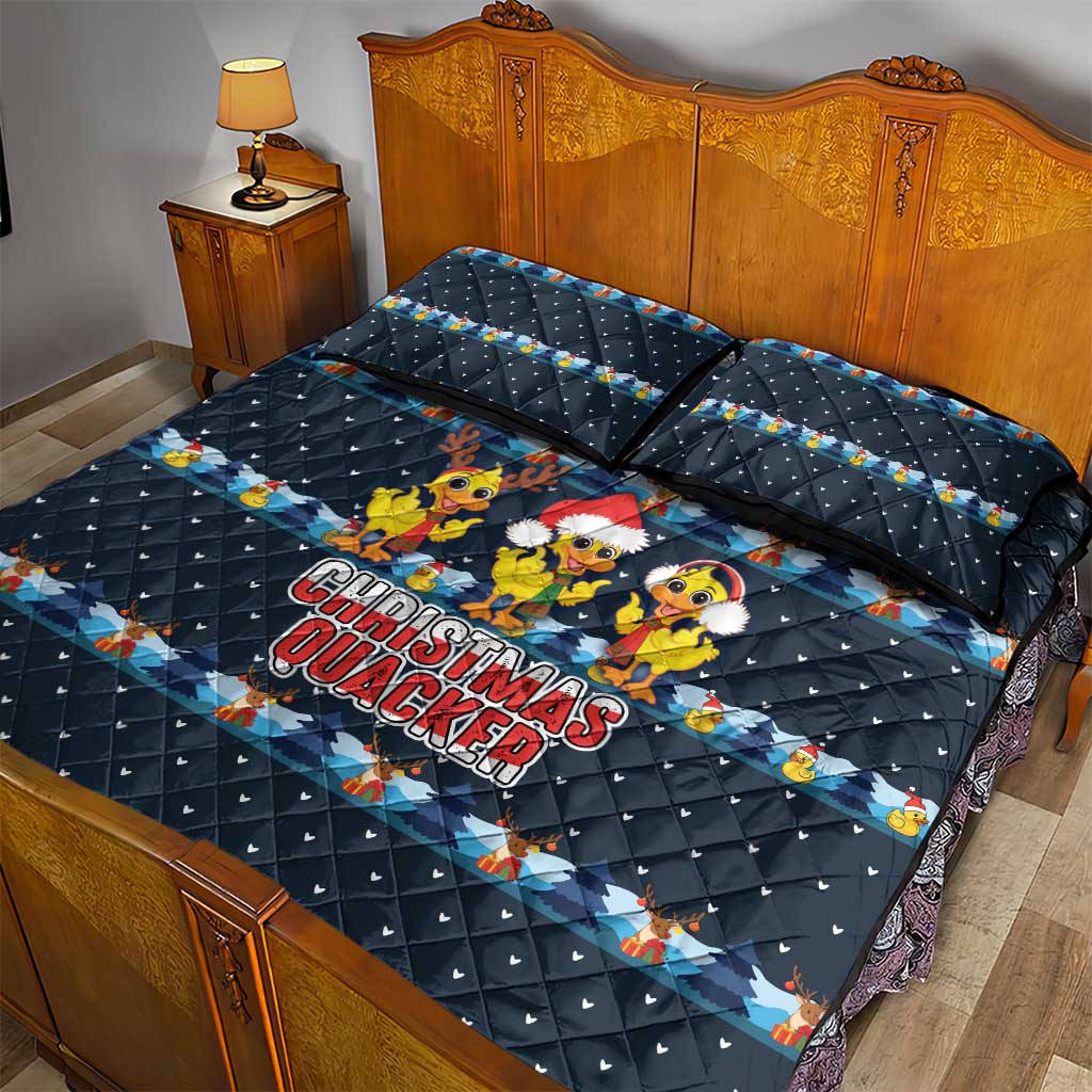 Funny Duck Characters Christmas Quacker Quote Quilt Bed Set with Navy Tree Pattern Design - Wonder Print Shop