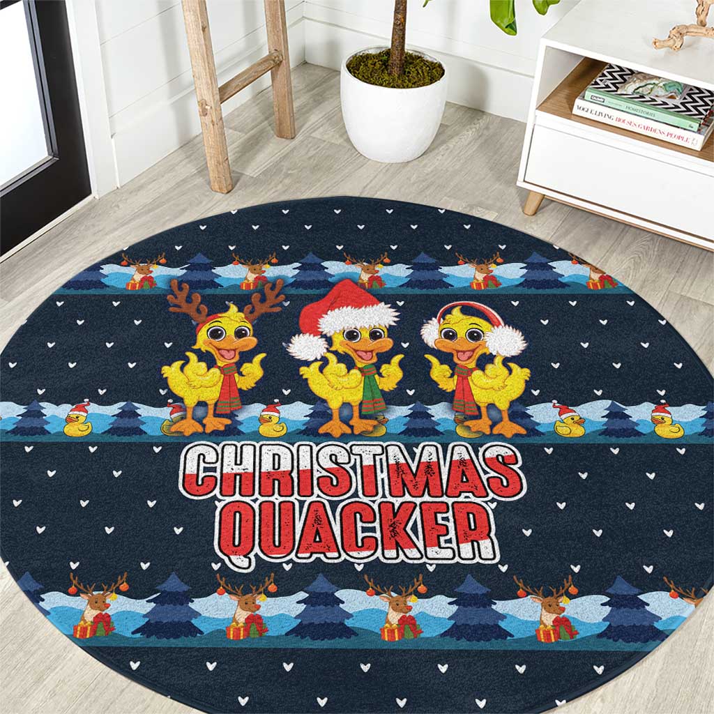 Funny Duck Characters Christmas Quacker Quote Round Carpet with Navy Tree Pattern Design - Wonder Print Shop