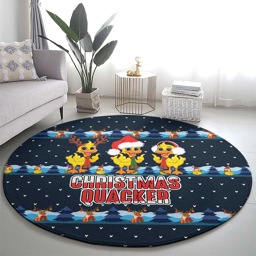 Funny Duck Characters Christmas Quacker Quote Round Carpet with Navy Tree Pattern Design - Wonder Print Shop