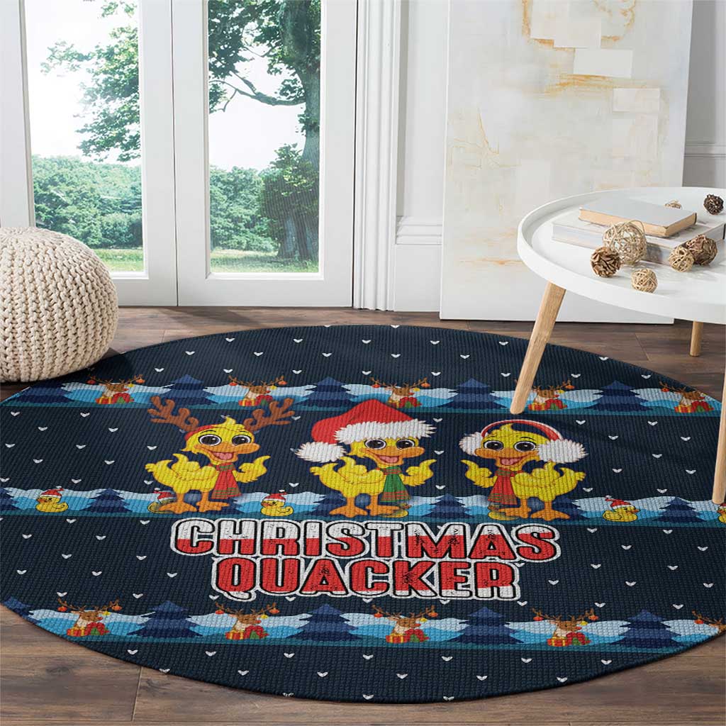 Funny Duck Characters Christmas Quacker Quote Round Carpet with Navy Tree Pattern Design - Wonder Print Shop