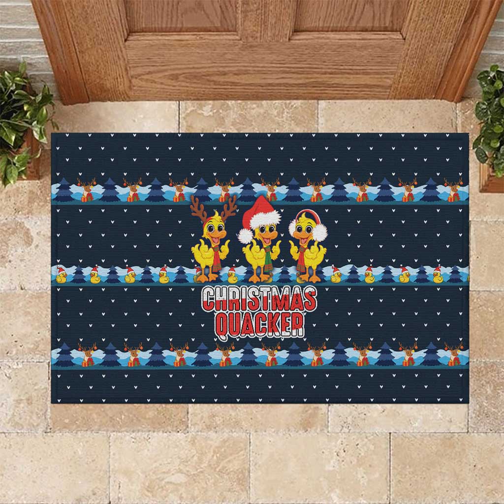 Funny Duck Characters Christmas Quacker Quote Rubber Doormat with Navy Tree Pattern Design - Wonder Print Shop