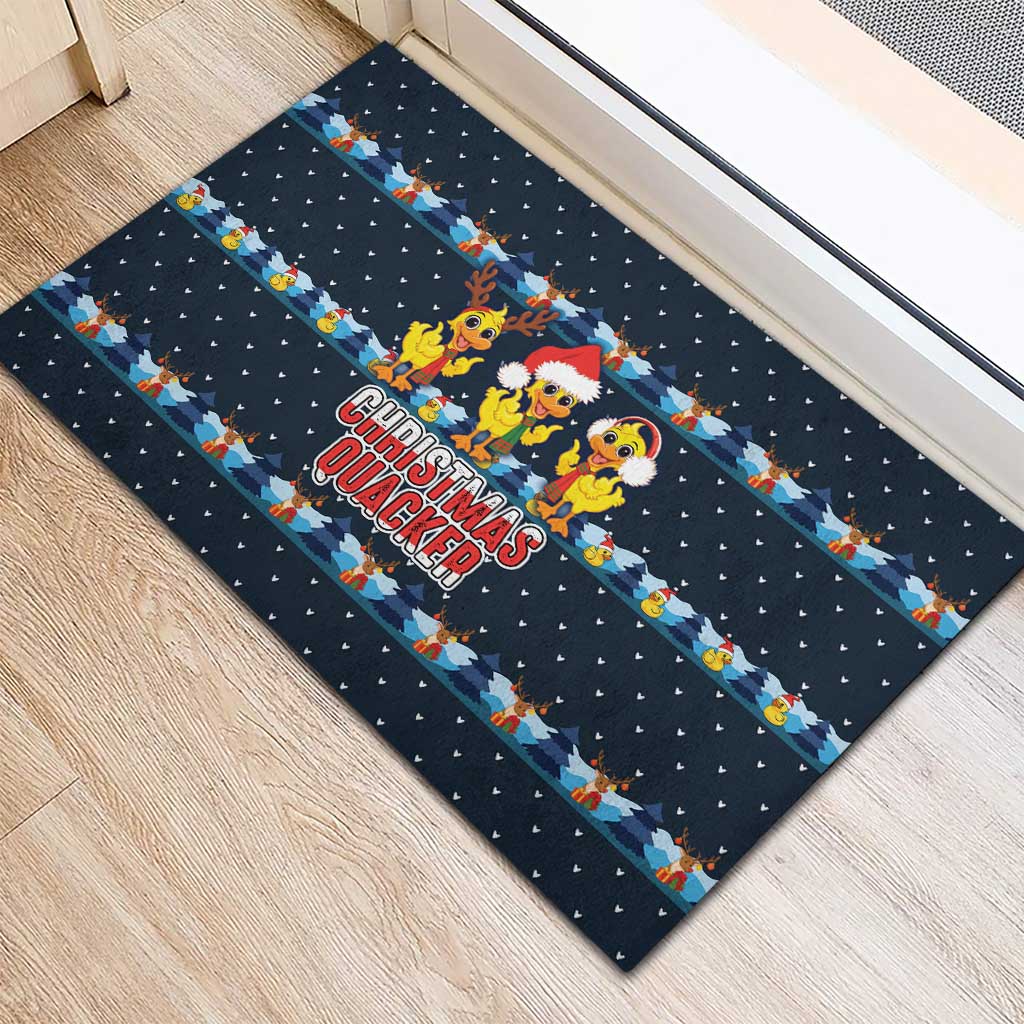 Funny Duck Characters Christmas Quacker Quote Rubber Doormat with Navy Tree Pattern Design - Wonder Print Shop
