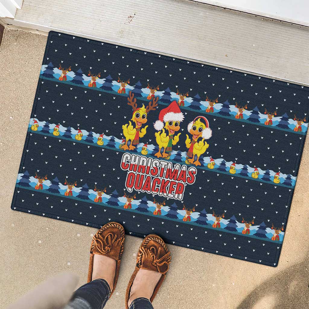 Funny Duck Characters Christmas Quacker Quote Rubber Doormat with Navy Tree Pattern Design - Wonder Print Shop