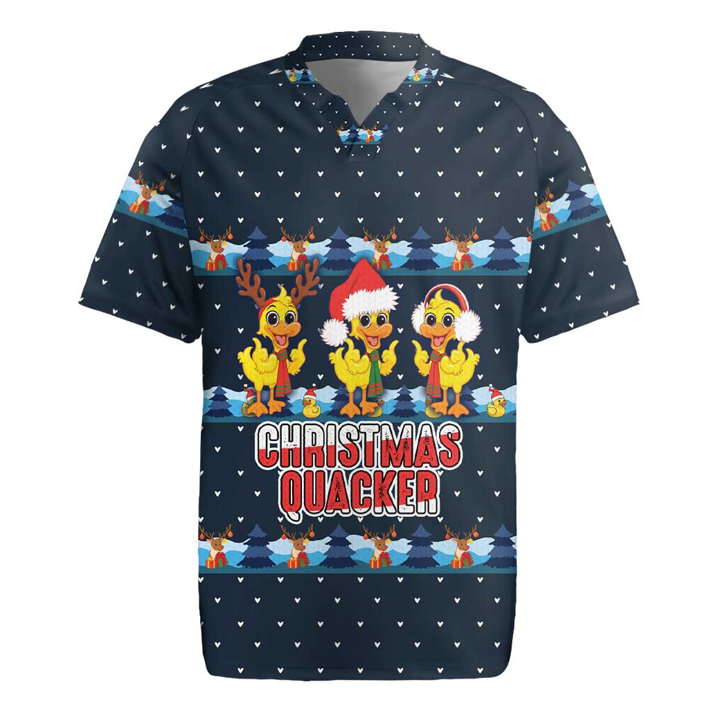 Funny Duck Characters Christmas Quacker Quote Rugby Jersey with Navy Tree Pattern Design - Wonder Print Shop