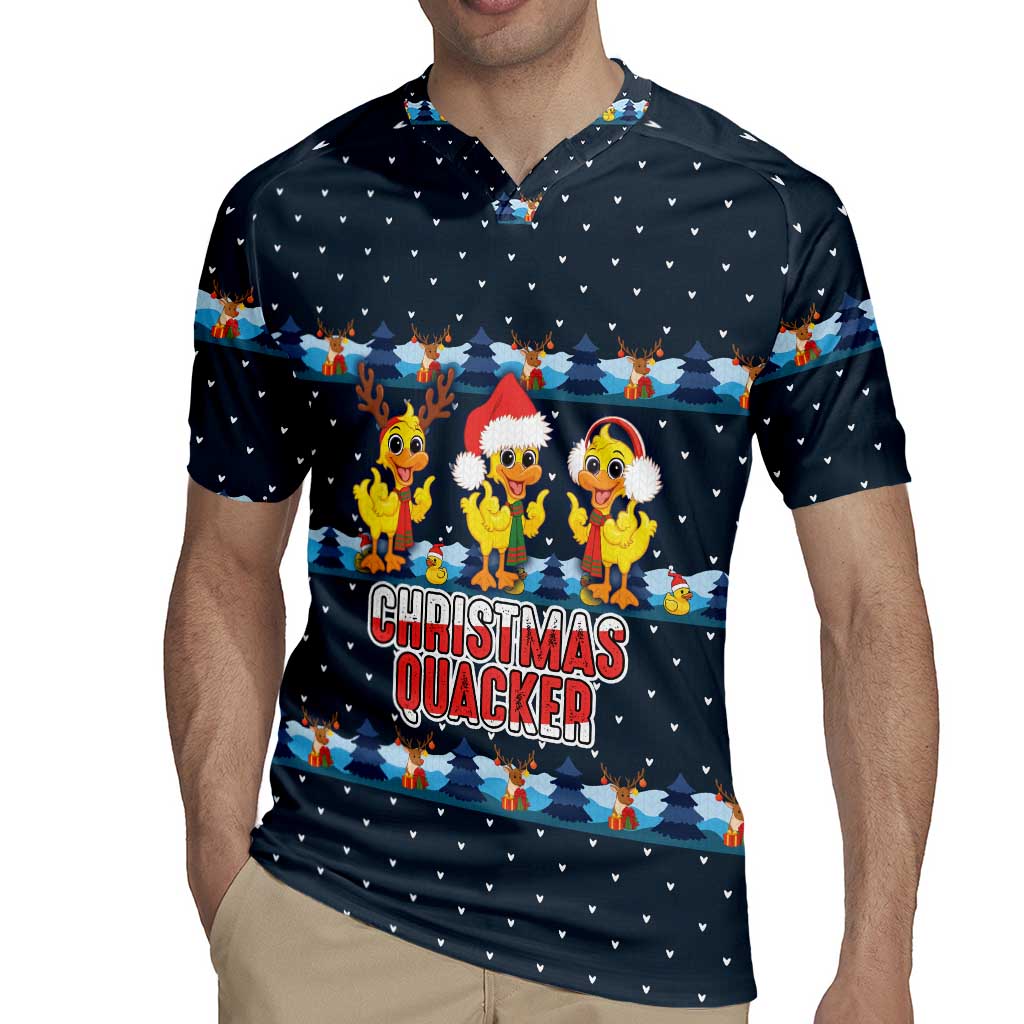 Funny Duck Characters Christmas Quacker Quote Rugby Jersey with Navy Tree Pattern Design - Wonder Print Shop