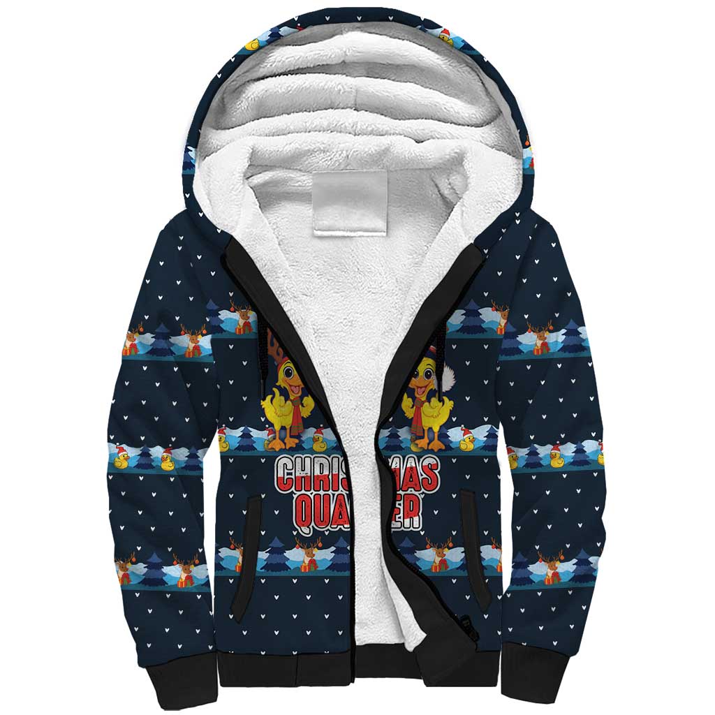 Funny Duck Characters Christmas Quacker Quote Sherpa Hoodie with Navy Tree Pattern Design - Wonder Print Shop